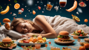 A photo of a figure sleeping and dreaming with delicious food and drinks floating around them.