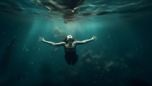 A surreal and atmospheric underwater scene depicting a person drowning, symbolizing the unconscious mind and its hidden meanings.