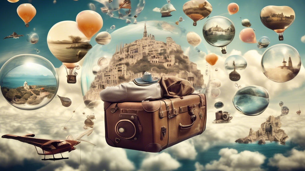 A surreal image of a person dreaming of traveling, with dream bubbles floating around them containing images of exotic destinations, landmarks, and modes o