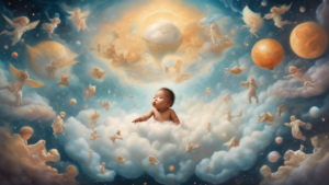 A surreal and ethereal vision of an infant floating amidst a celestial dreamscape, surrounded by symbolic omens that foretell both joy and adversity.