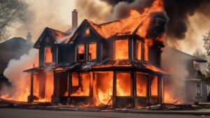 An image of a burning house with smoke billowing out the windows and the front door wide open. The flames are licking at the roof and the house is beginnin