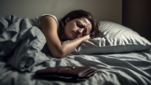 A woman sleeping in her bed, having a nightmare about losing her wallet. She is sweating and her eyes are wide open. The wallet is on the floor next to her